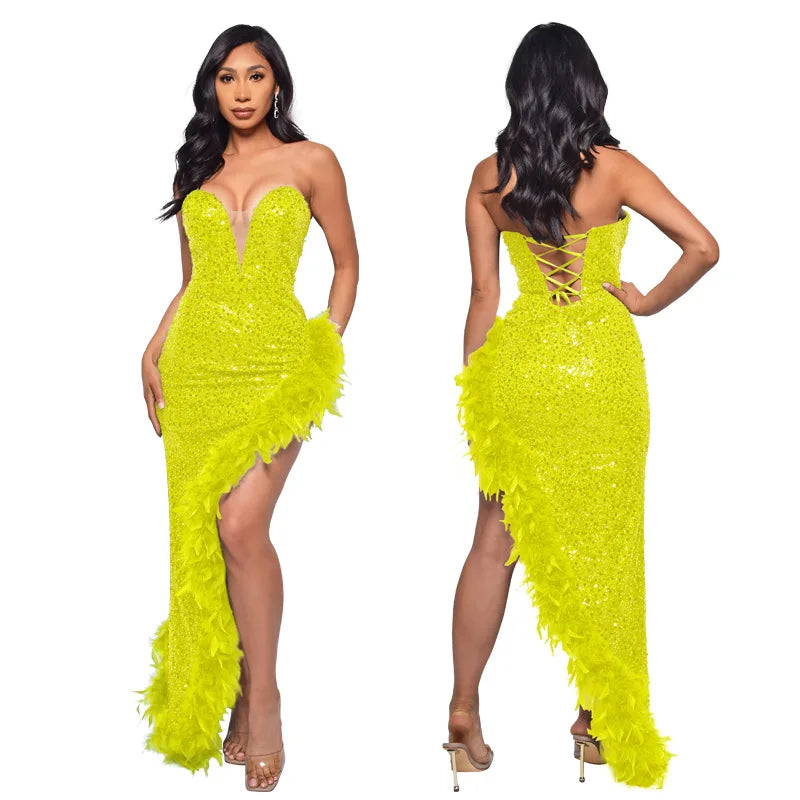 Women Asymmetrical Feather Cocktail Party Dress