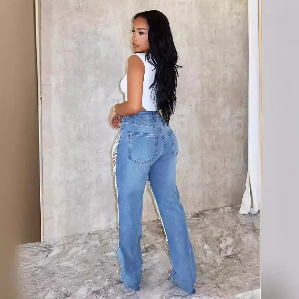 Women Diamonds Chain Stretch High Waist Jeans