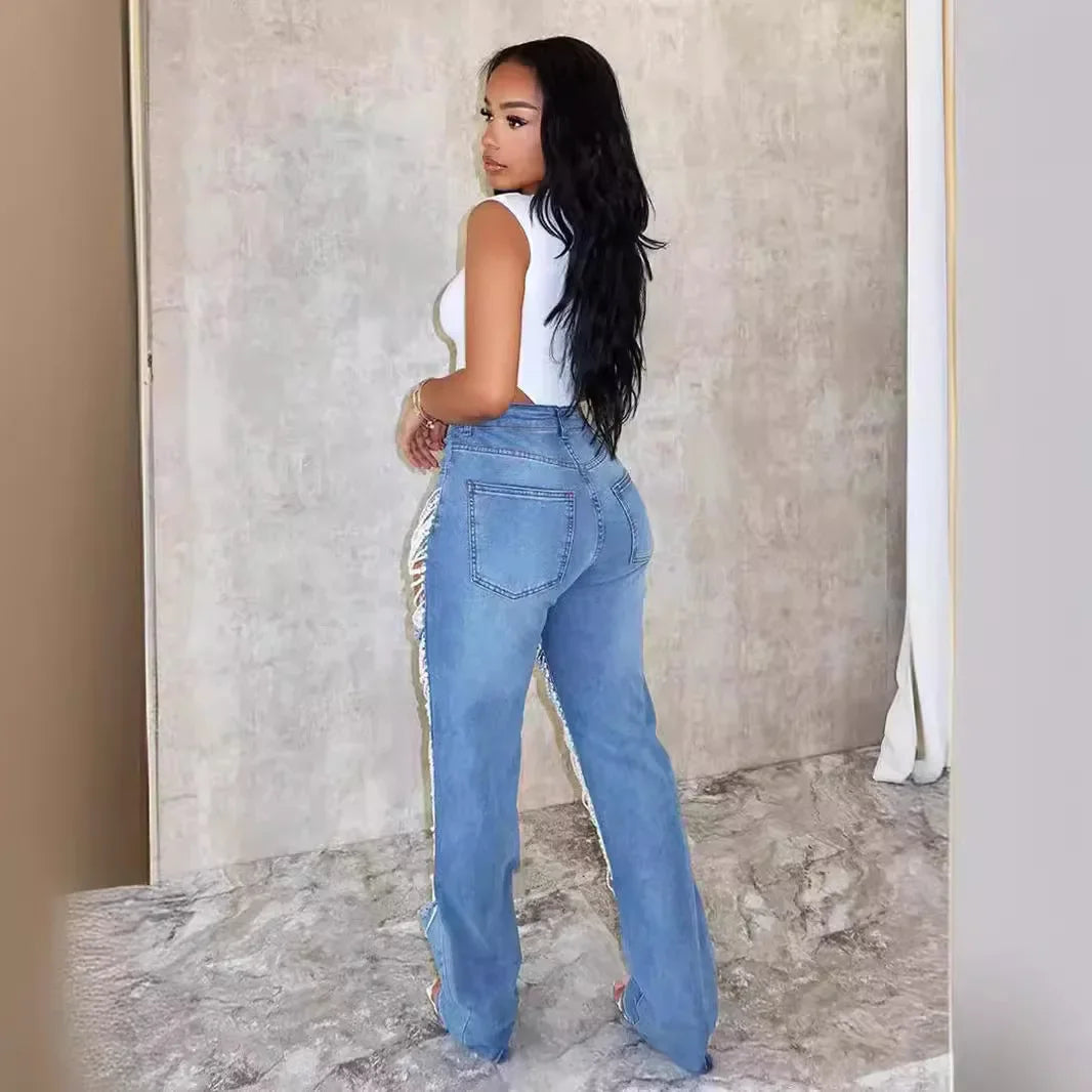 Women Diamonds Chain Stretch High Waist Jeans
