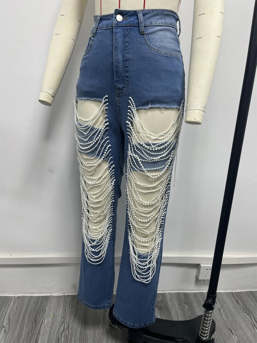 Women Diamonds Chain Stretch High Waist Jeans