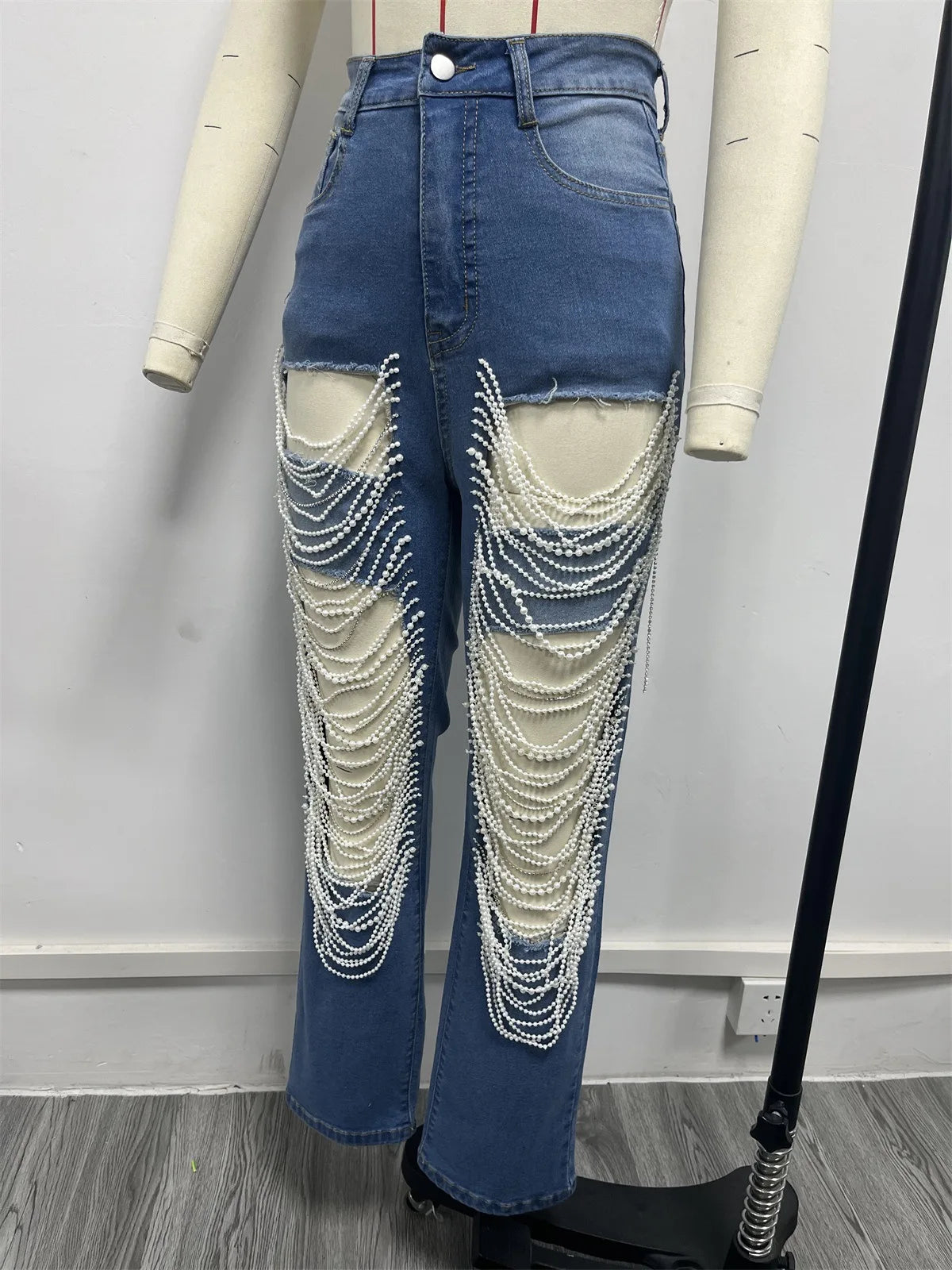 Women Diamonds Chain Stretch High Waist Jeans