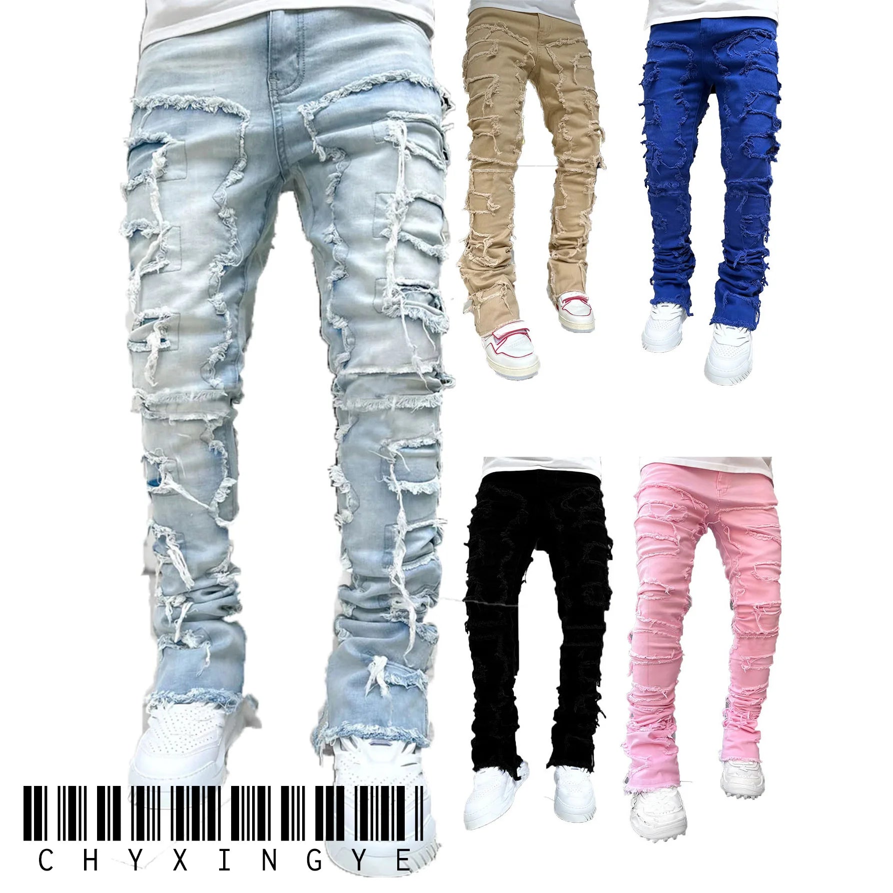 Men's Stacked Jeans Ripped Slim Fit