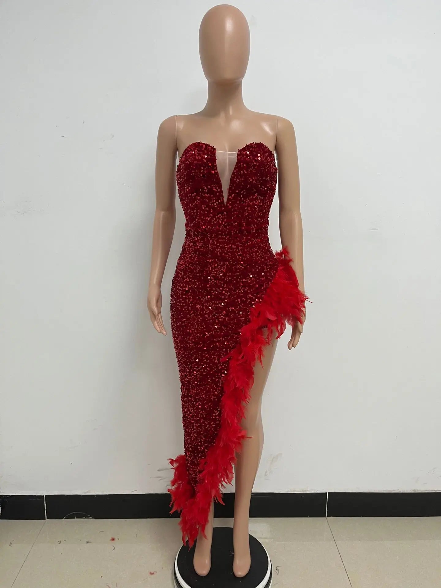 Women Asymmetrical Feather Cocktail Party Dress
