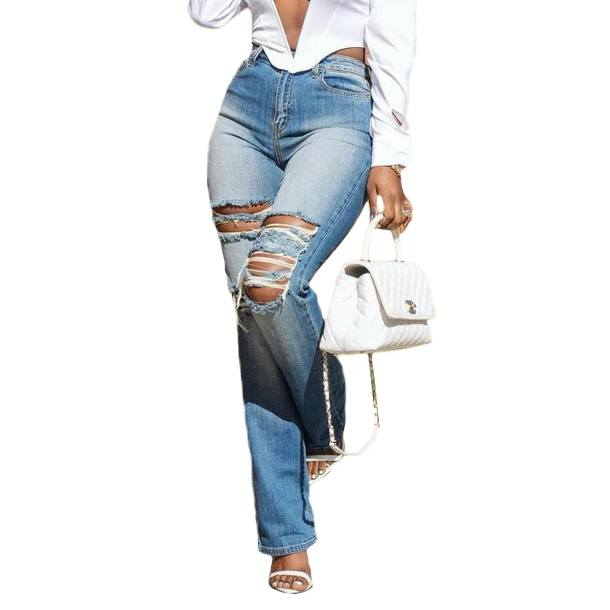 Women High Strecth Distressed  Vintage Ripped Jeans
