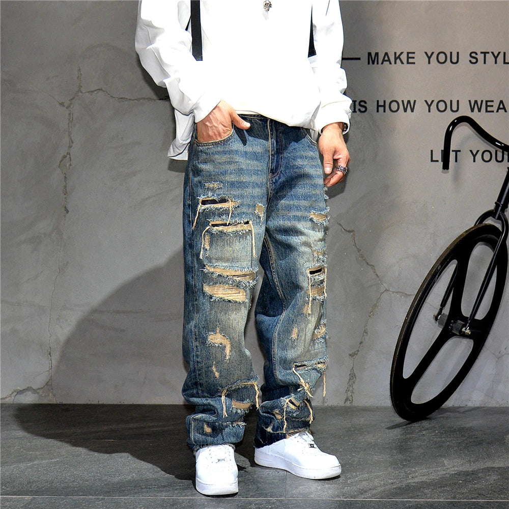 Mens Baggy Distressed Denim Patchwork