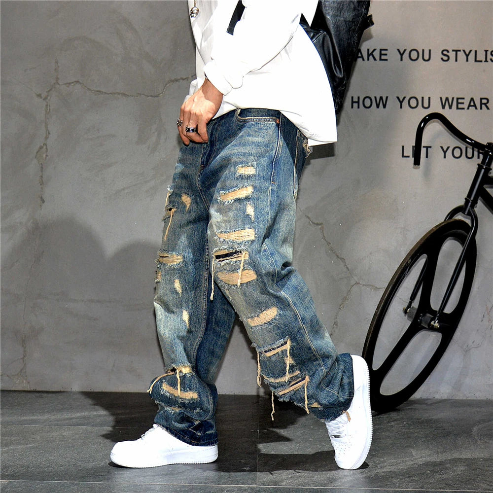 Mens Baggy Distressed Denim Patchwork
