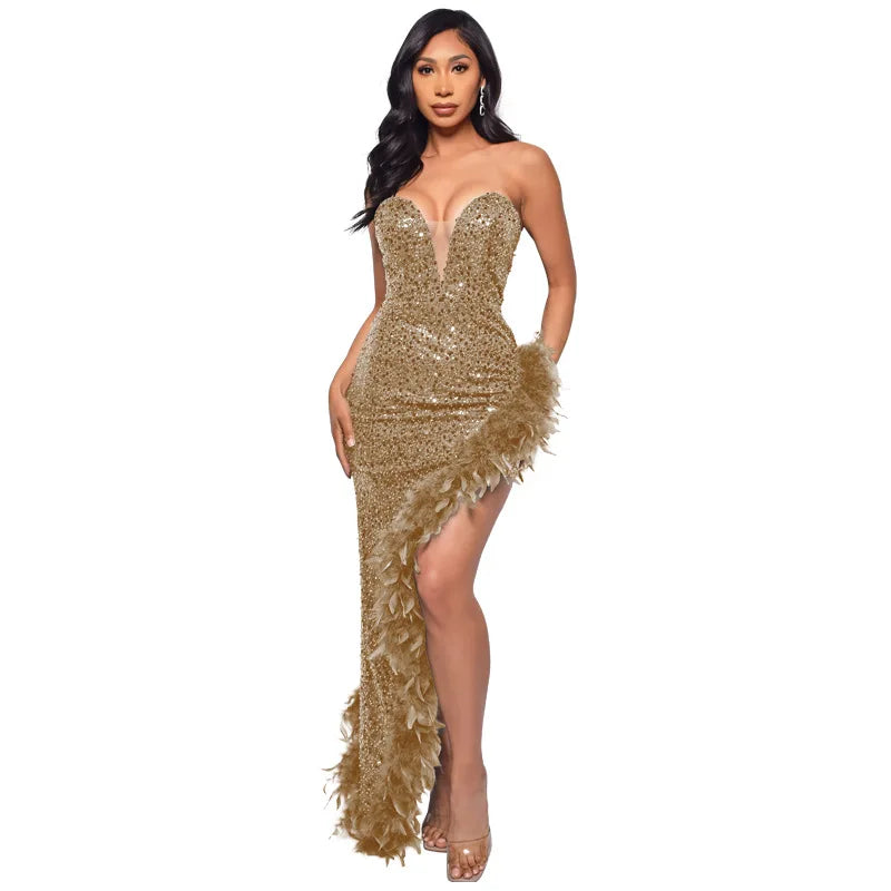 Women Asymmetrical Feather Cocktail Party Dress