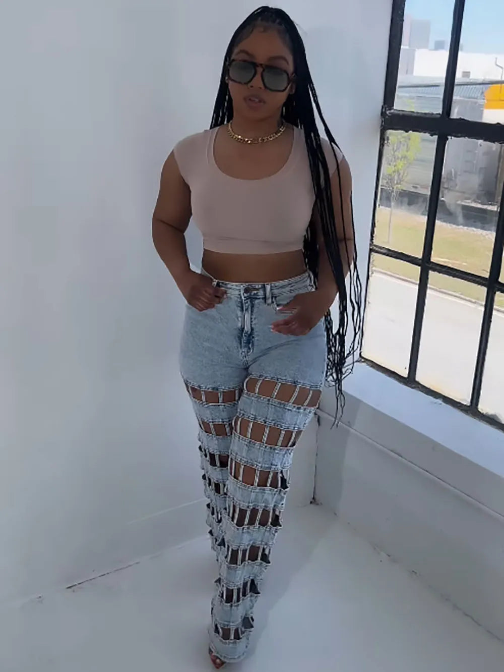 Women Hollow Out High-Waisted Jeans