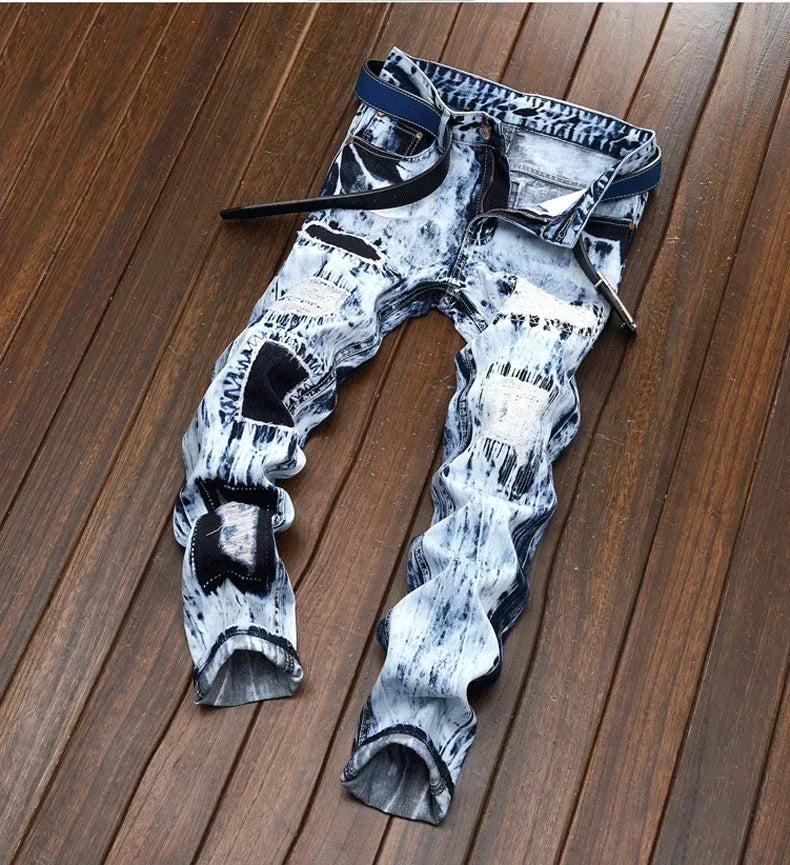 Men's Embroidered Patchwork Ripped Jeans
