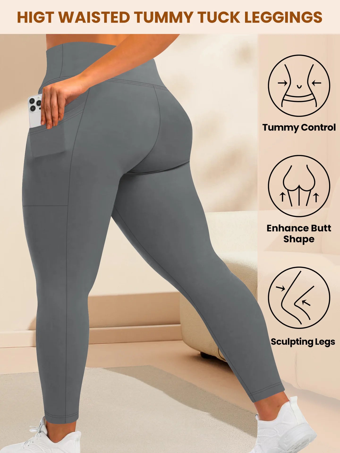 Women's High-Waisted  Butt-Lifting Leggings with Pockets Plus Size