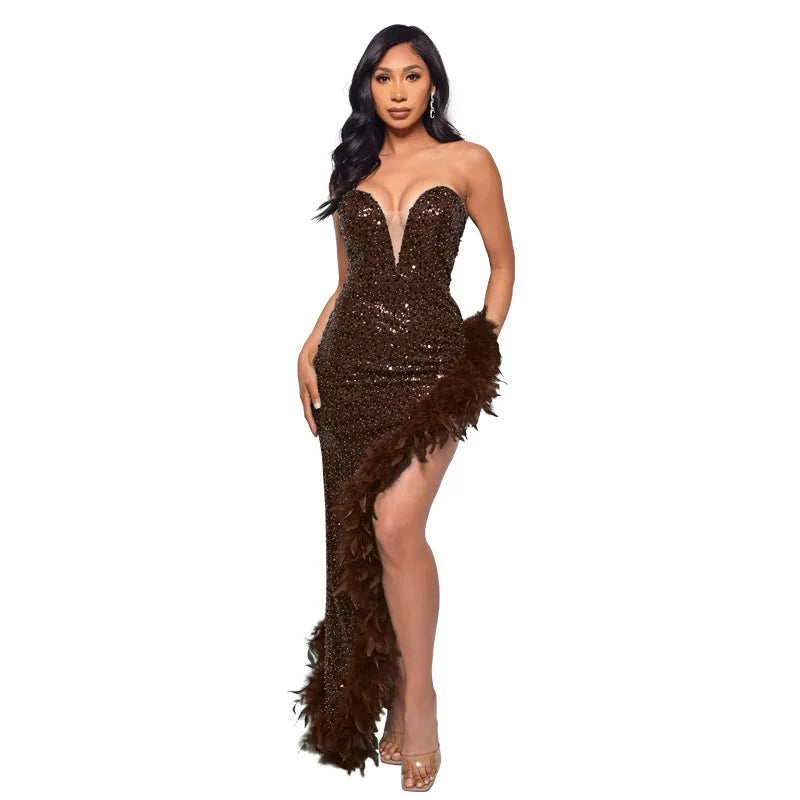 Women Asymmetrical Feather Cocktail Party Dress