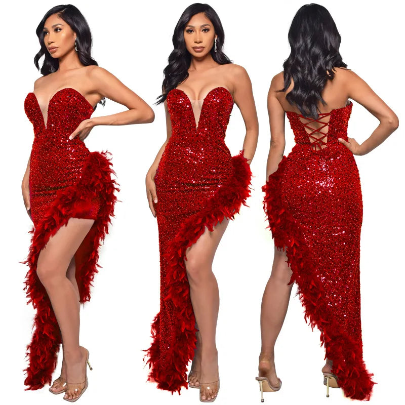Women Asymmetrical Feather Cocktail Party Dress