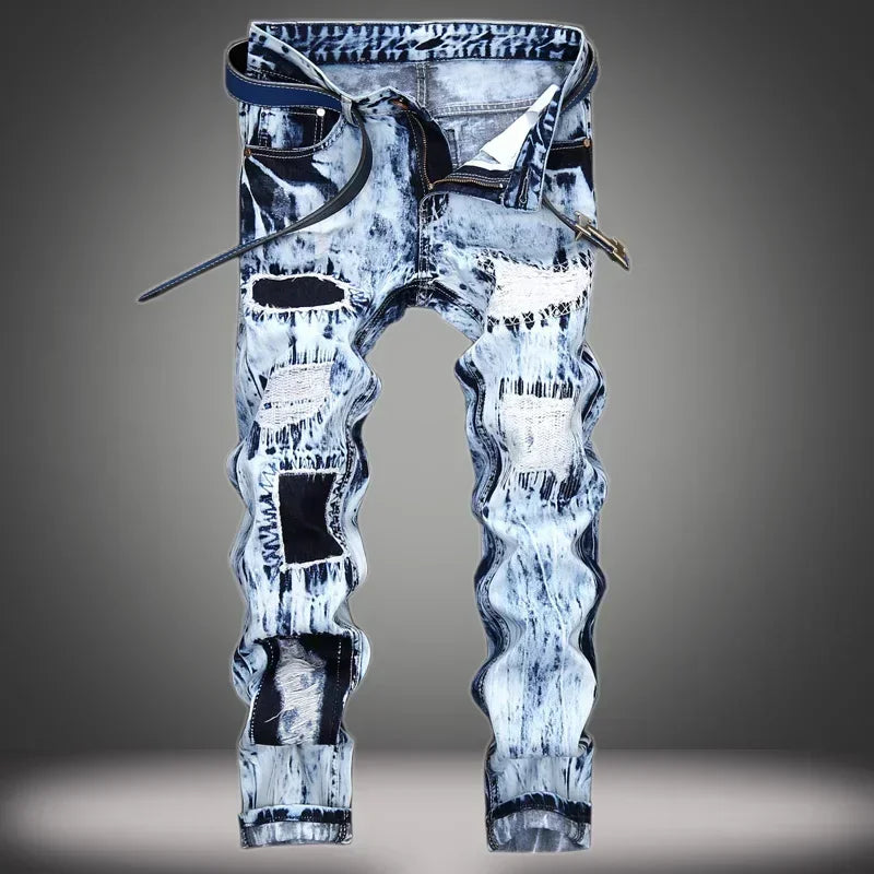 Men's Embroidered Patchwork Ripped Jeans