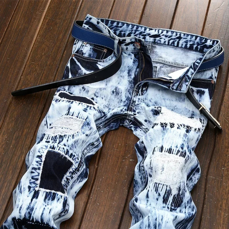 Men's Embroidered Patchwork Ripped Jeans