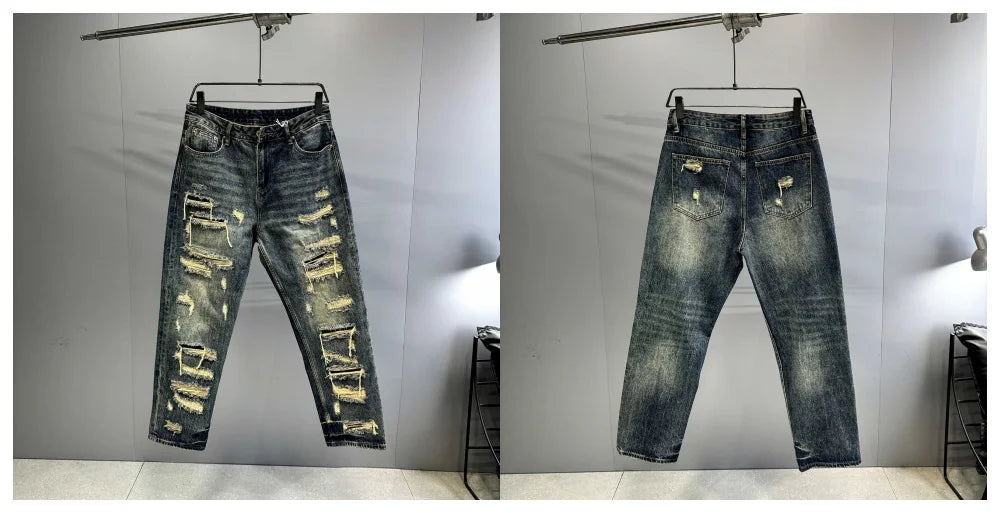 Mens Baggy Distressed Denim Patchwork