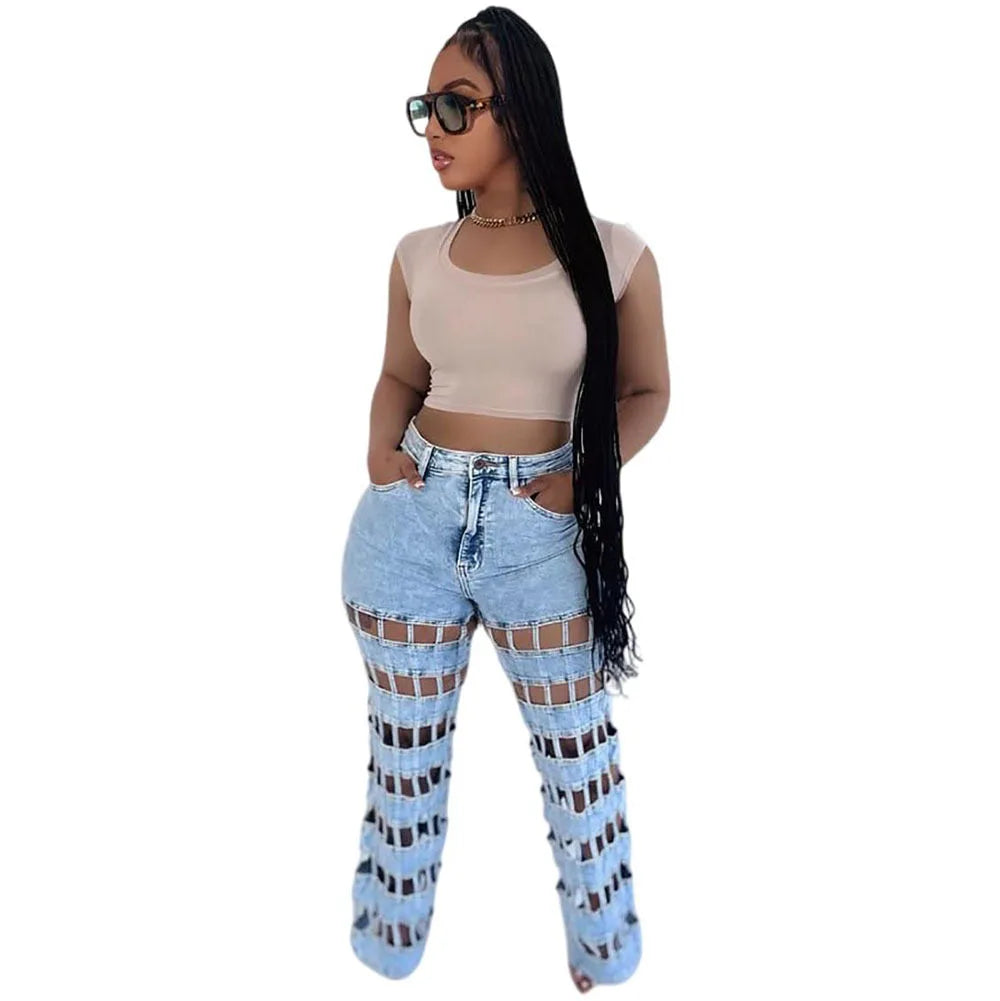 Women Hollow Out High-Waisted Jeans