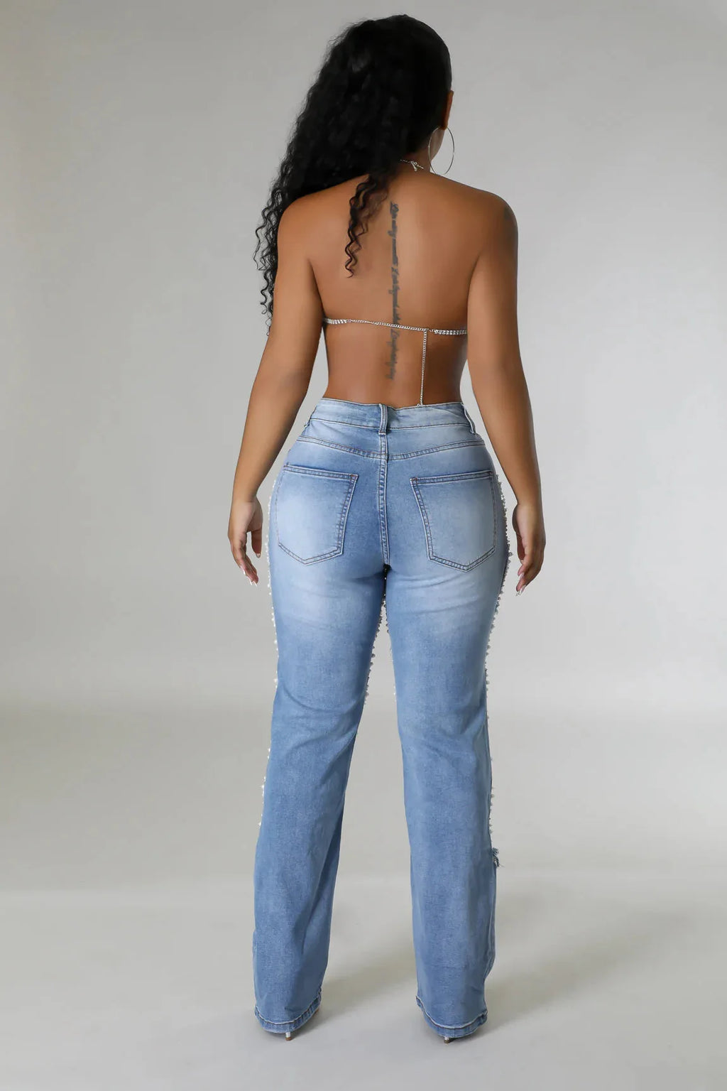 Women Diamonds Chain Stretch High Waist Jeans