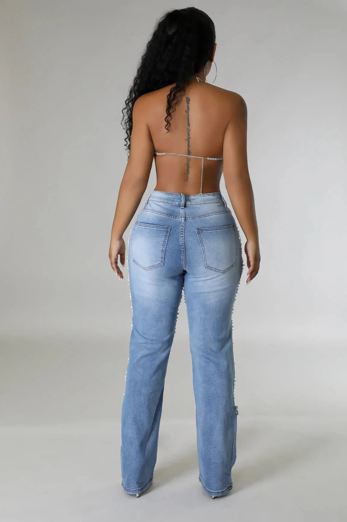 Women Diamonds Chain Stretch High Waist Jeans