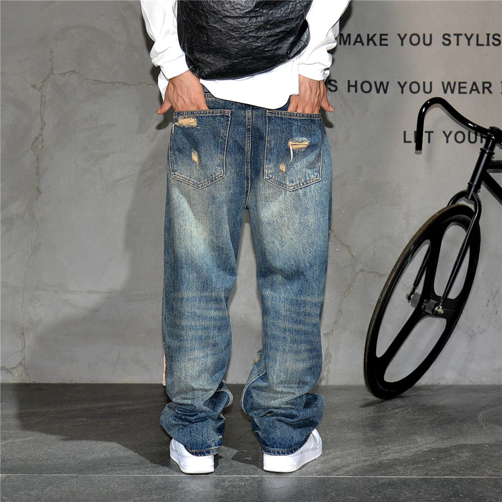 Mens Baggy Distressed Denim Patchwork
