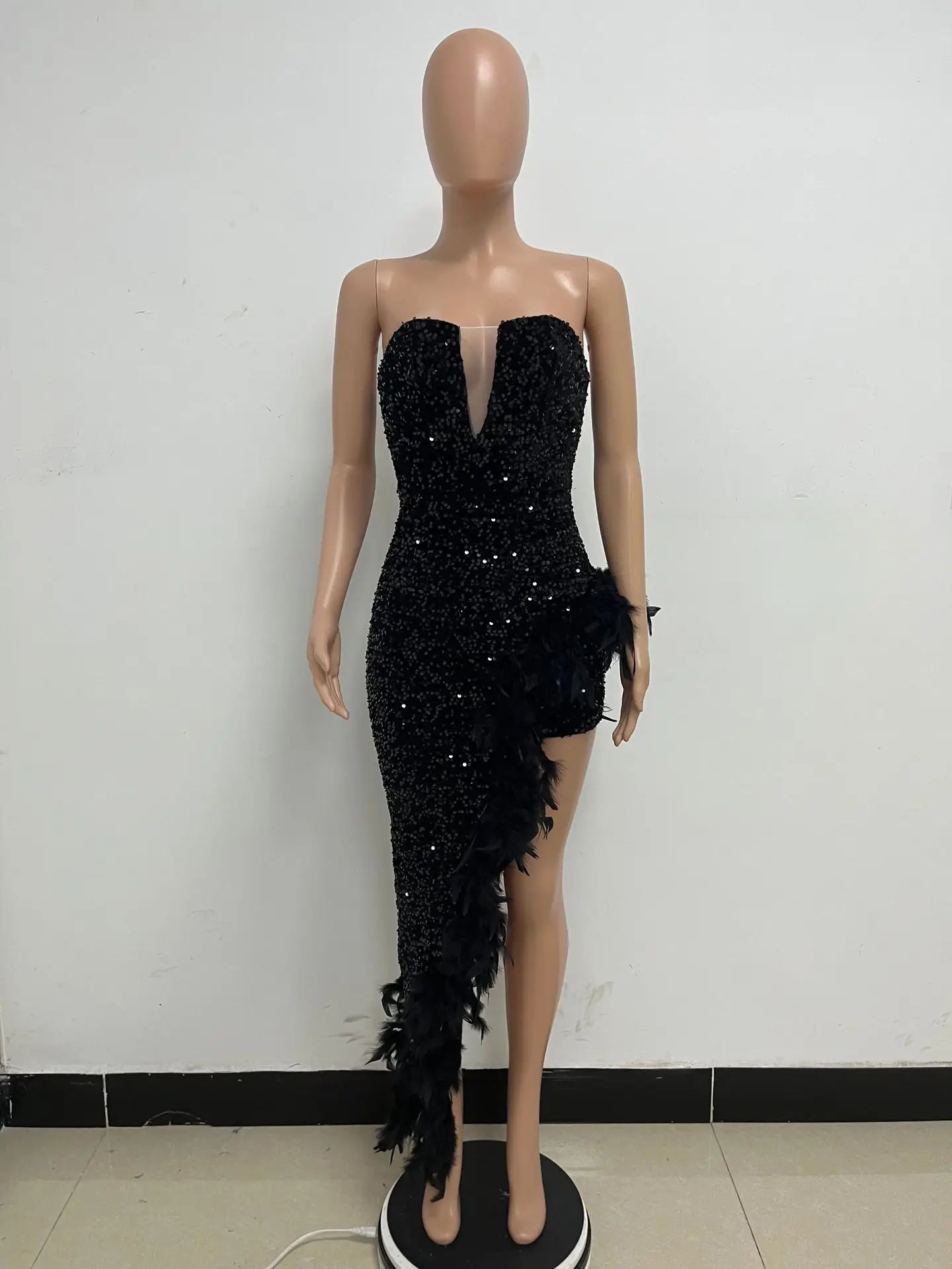 Women Asymmetrical Feather Cocktail Party Dress