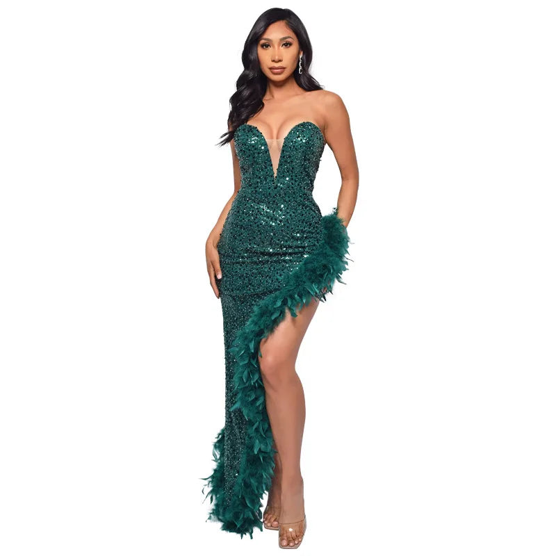 Women Asymmetrical Feather Cocktail Party Dress