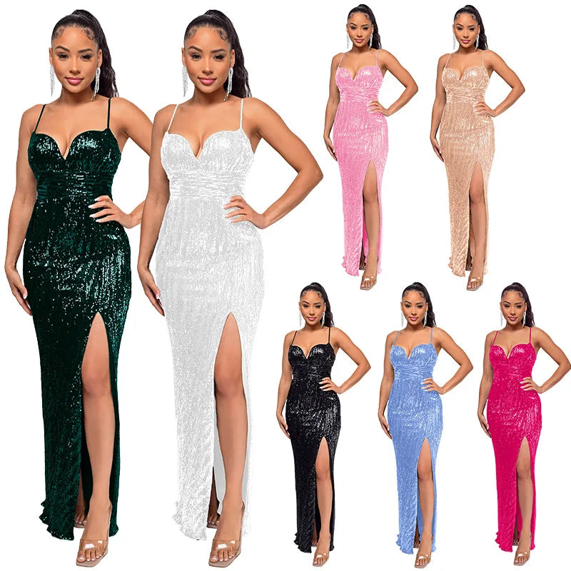 Womens Criss-Cross Sequin Elegant Evening Dress