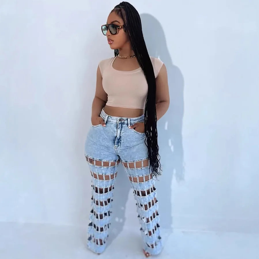 Women Hollow Out High-Waisted Jeans