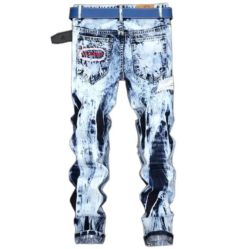 Men's Embroidered Patchwork Ripped Jeans