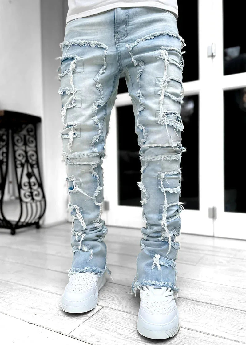 Men's Stacked Jeans Ripped Slim Fit