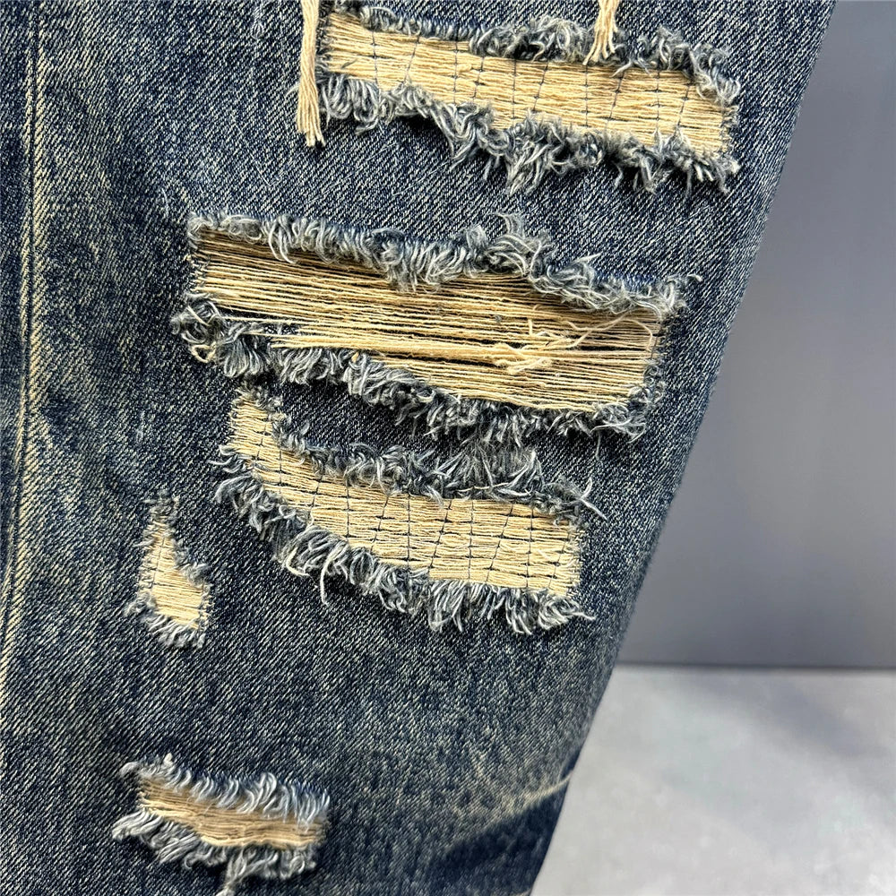 Mens Baggy Distressed Denim Patchwork