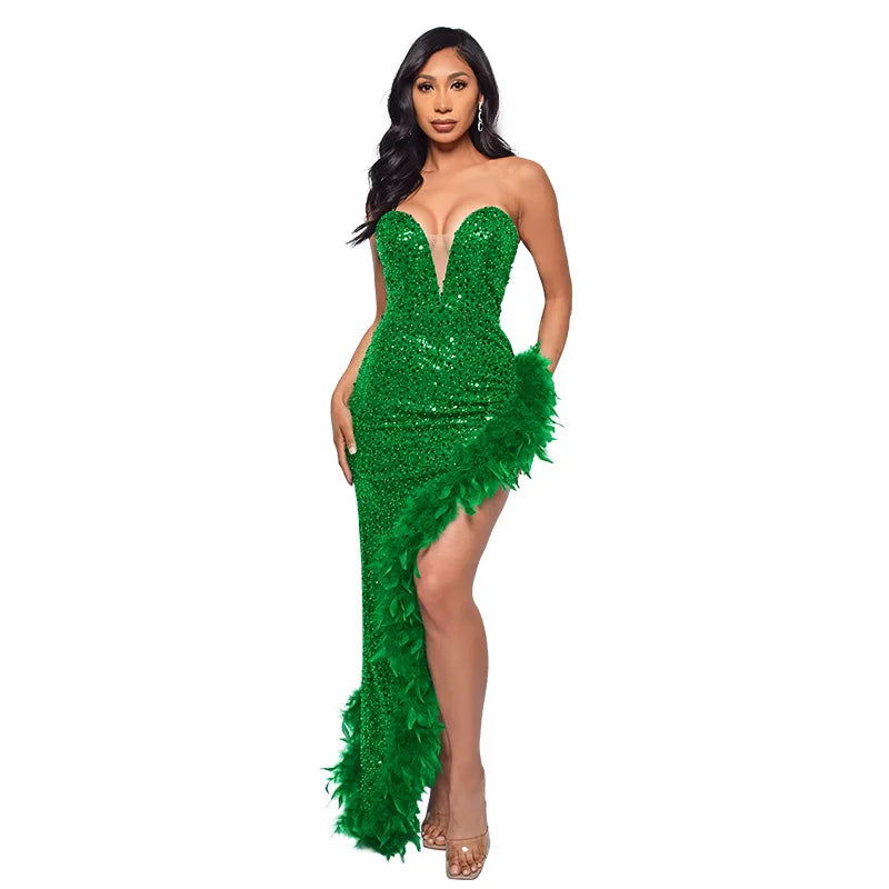 Women Asymmetrical Feather Cocktail Party Dress