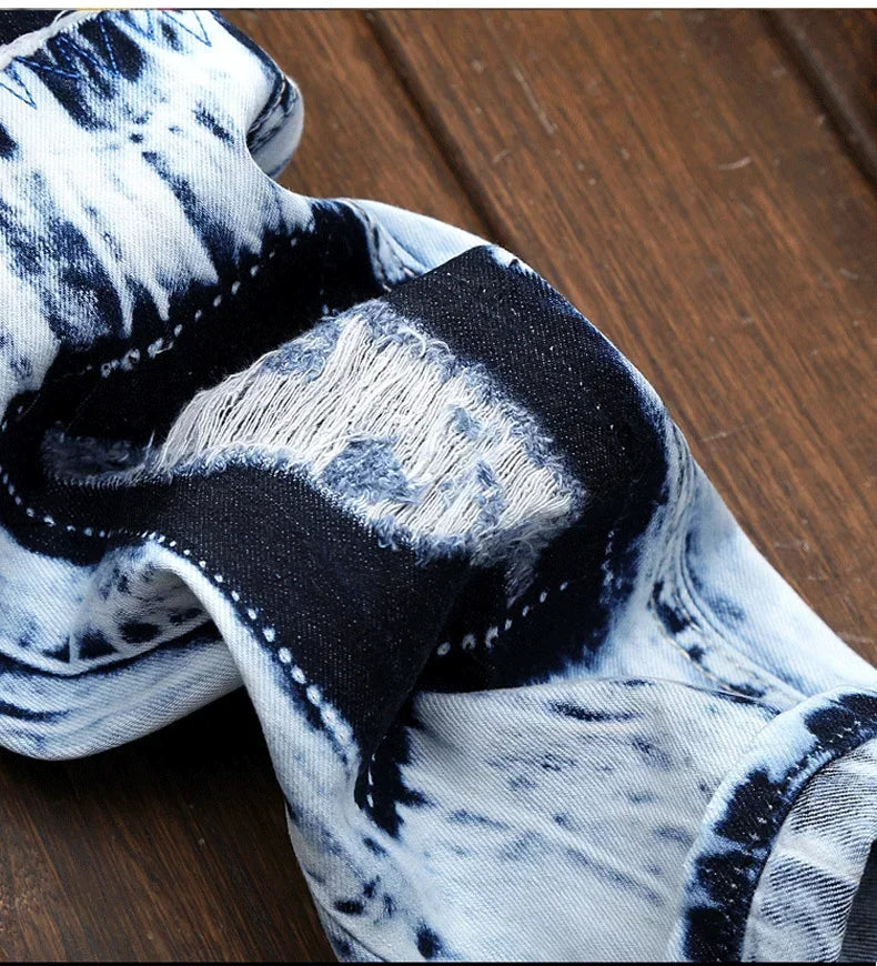 Men's Embroidered Patchwork Ripped Jeans
