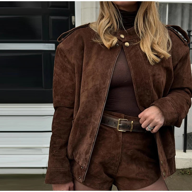 Vintage Suede Women Double Breasted Coat