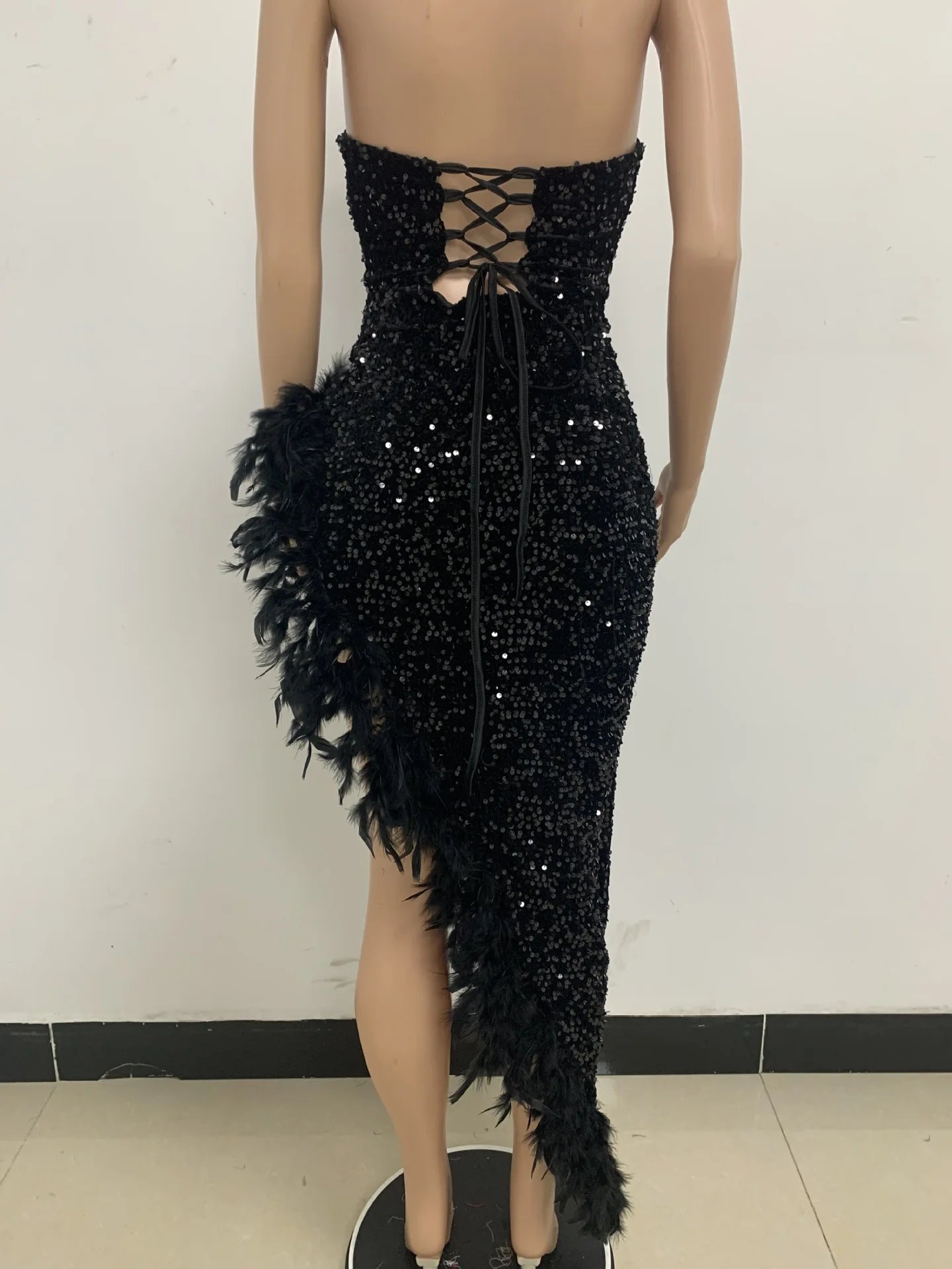 Women Asymmetrical Feather Cocktail Party Dress