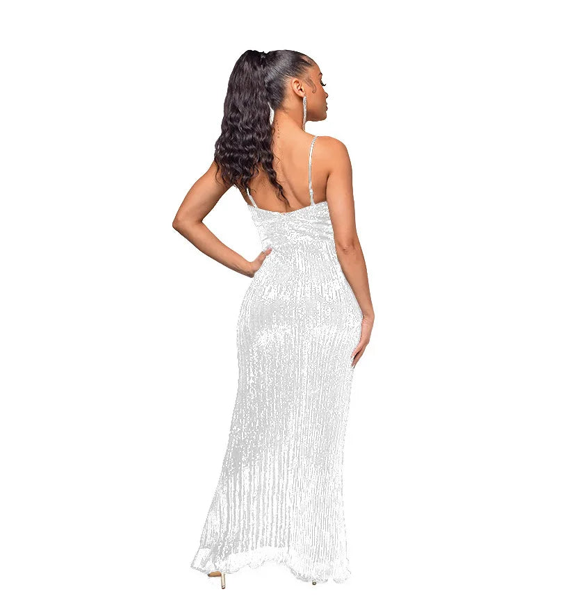 Womens Criss-Cross Sequin Elegant Evening Dress