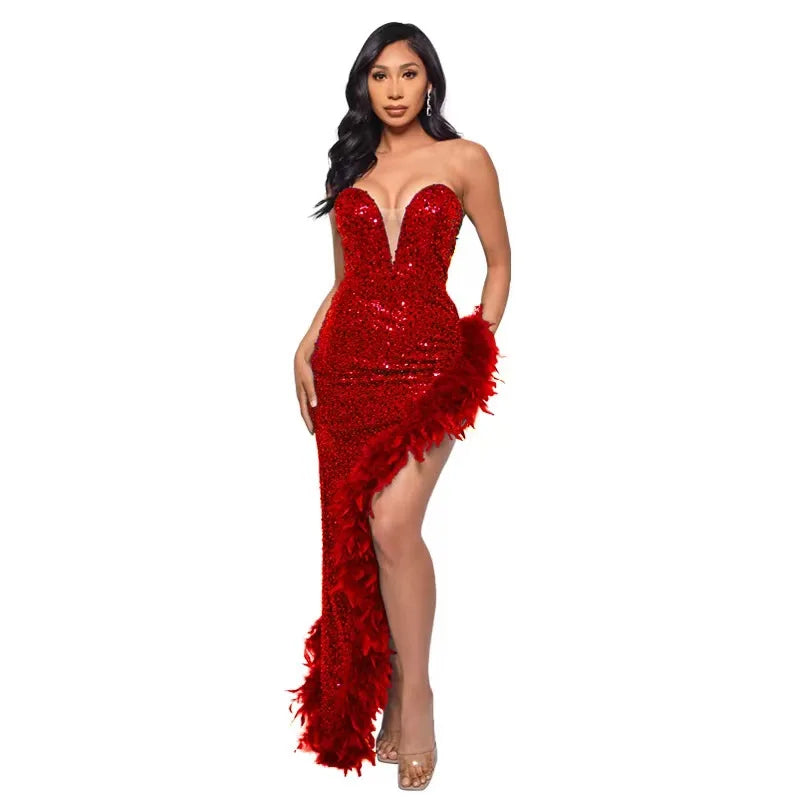 Women Asymmetrical Feather Cocktail Party Dress