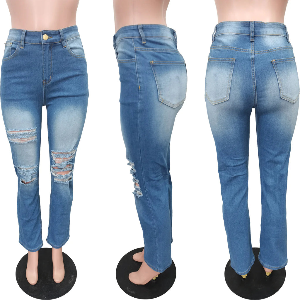 Women High Strecth Distressed  Vintage Ripped Jeans