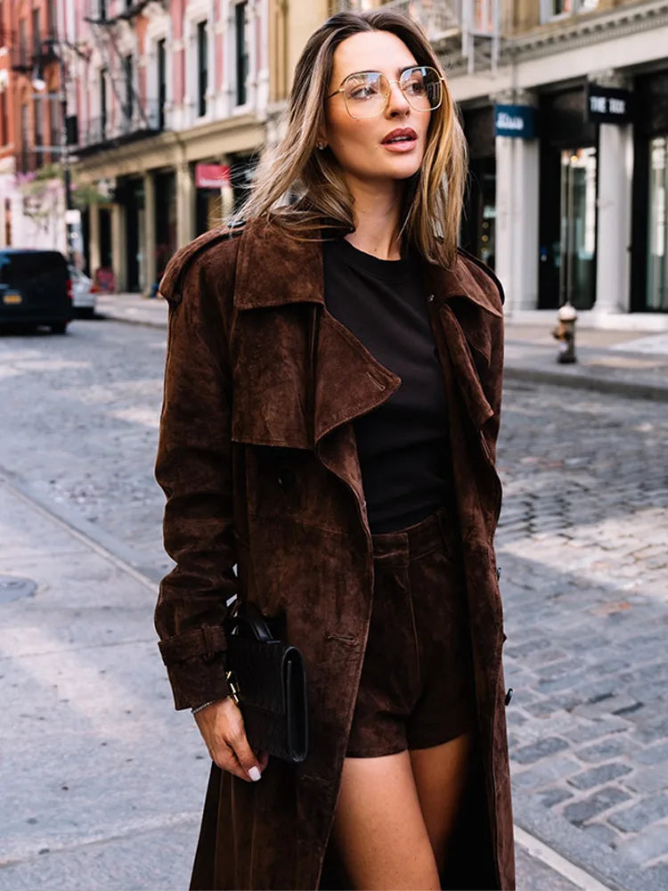 Vintage Suede Women Double Breasted Coat