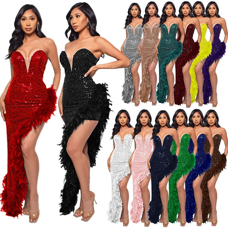Women Asymmetrical Feather Cocktail Party Dress