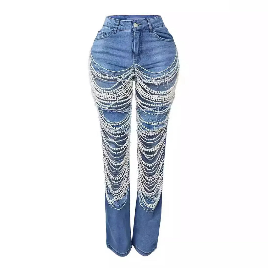 Women Diamonds Chain Stretch High Waist Jeans