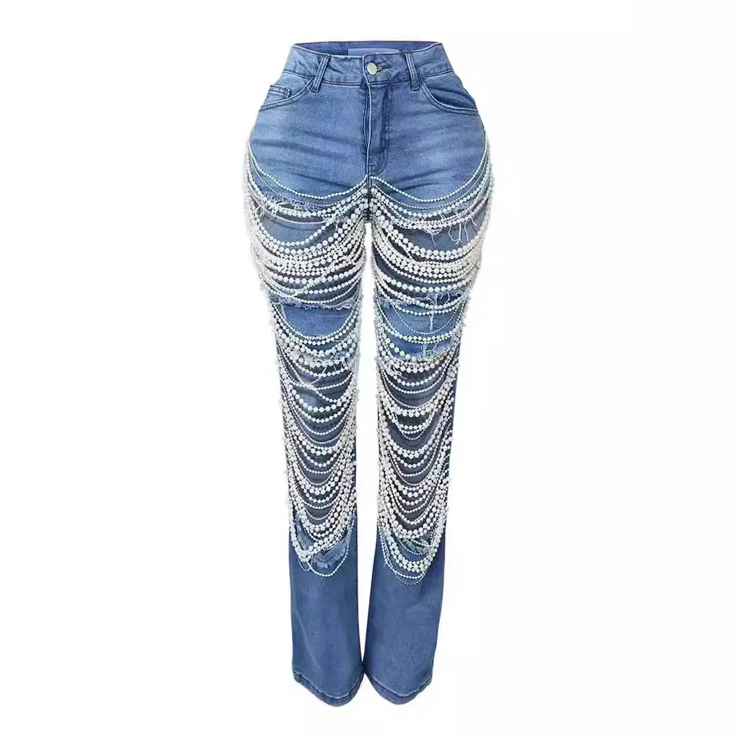Women Diamonds Chain Stretch High Waist Jeans