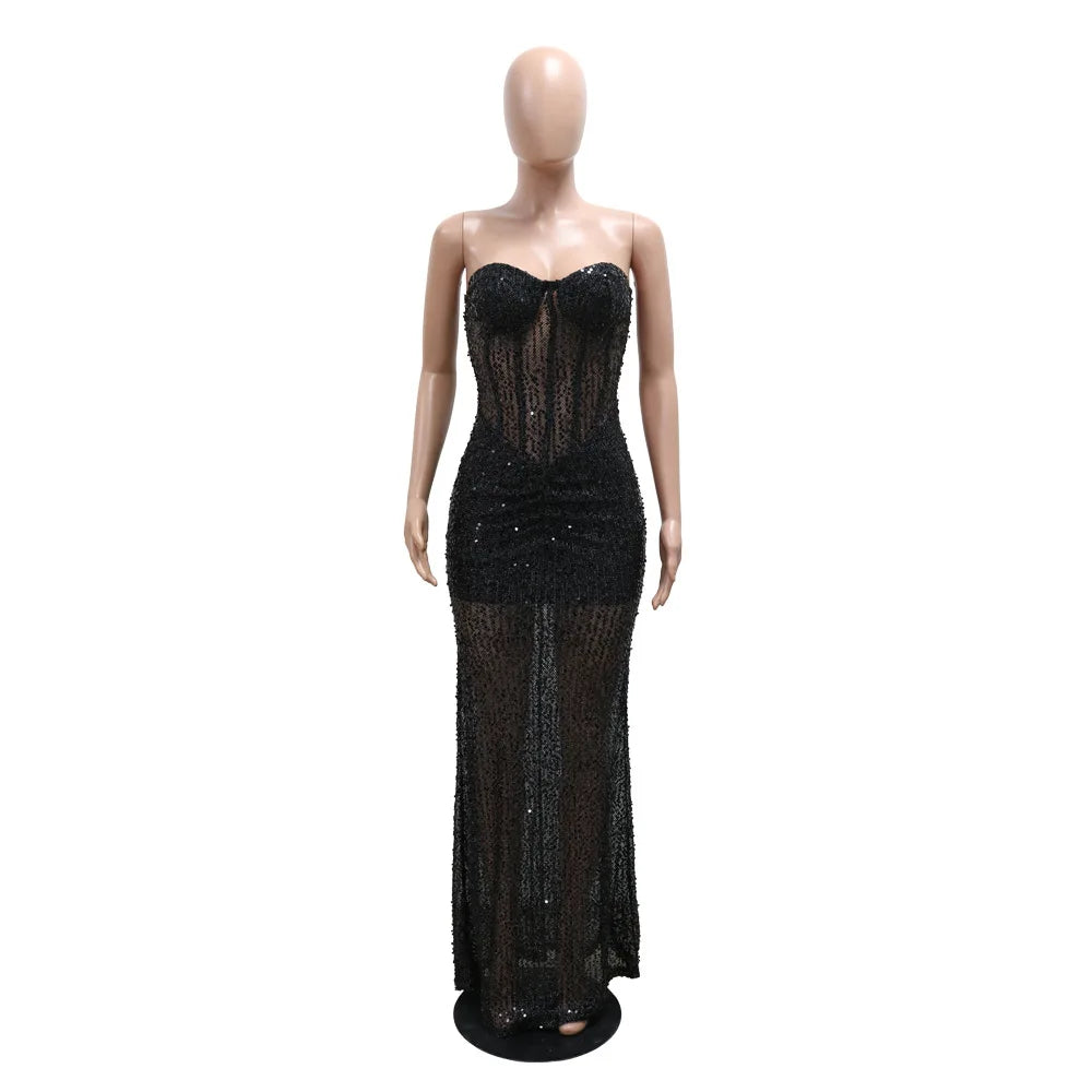 Womens  See-through Evening Maxi Dress