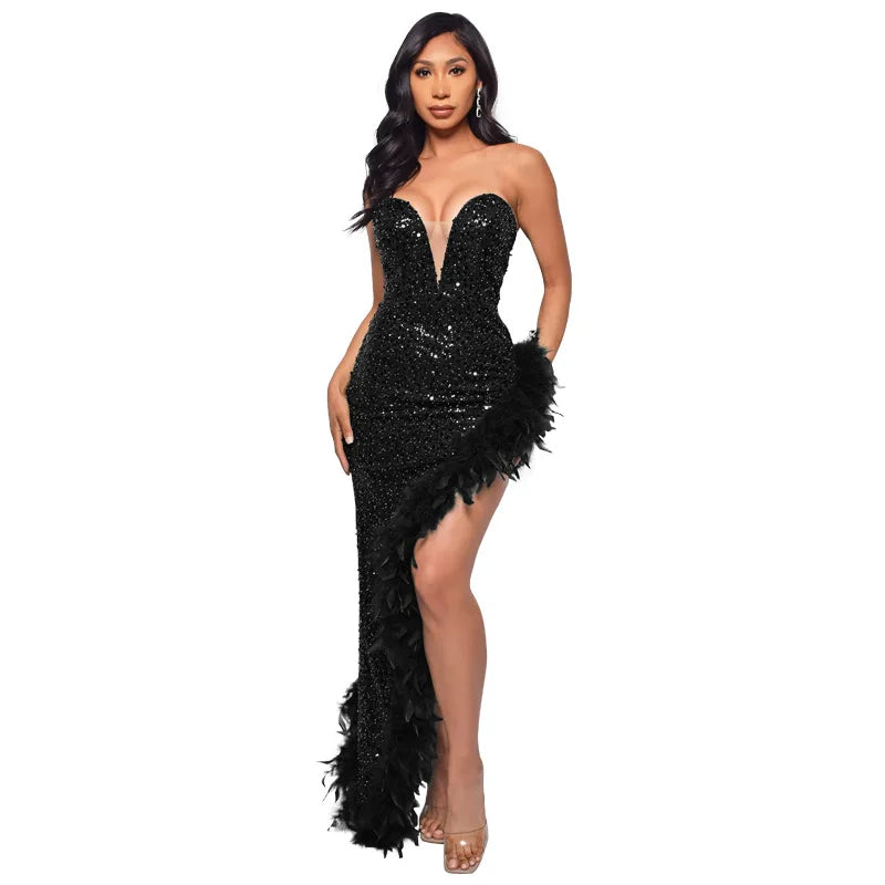 Women Asymmetrical Feather Cocktail Party Dress