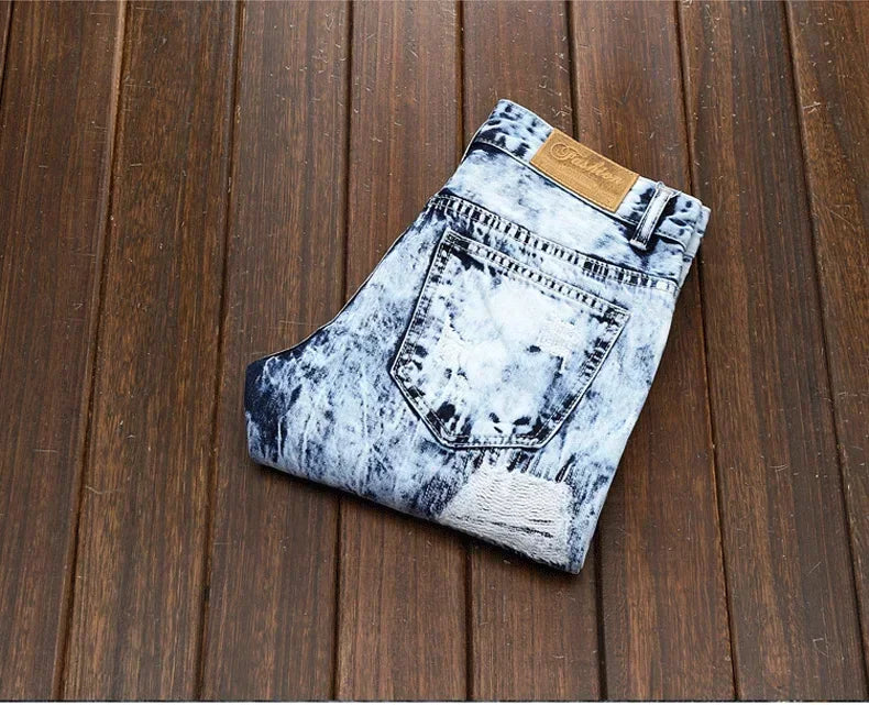 Men's Embroidered Patchwork Ripped Jeans
