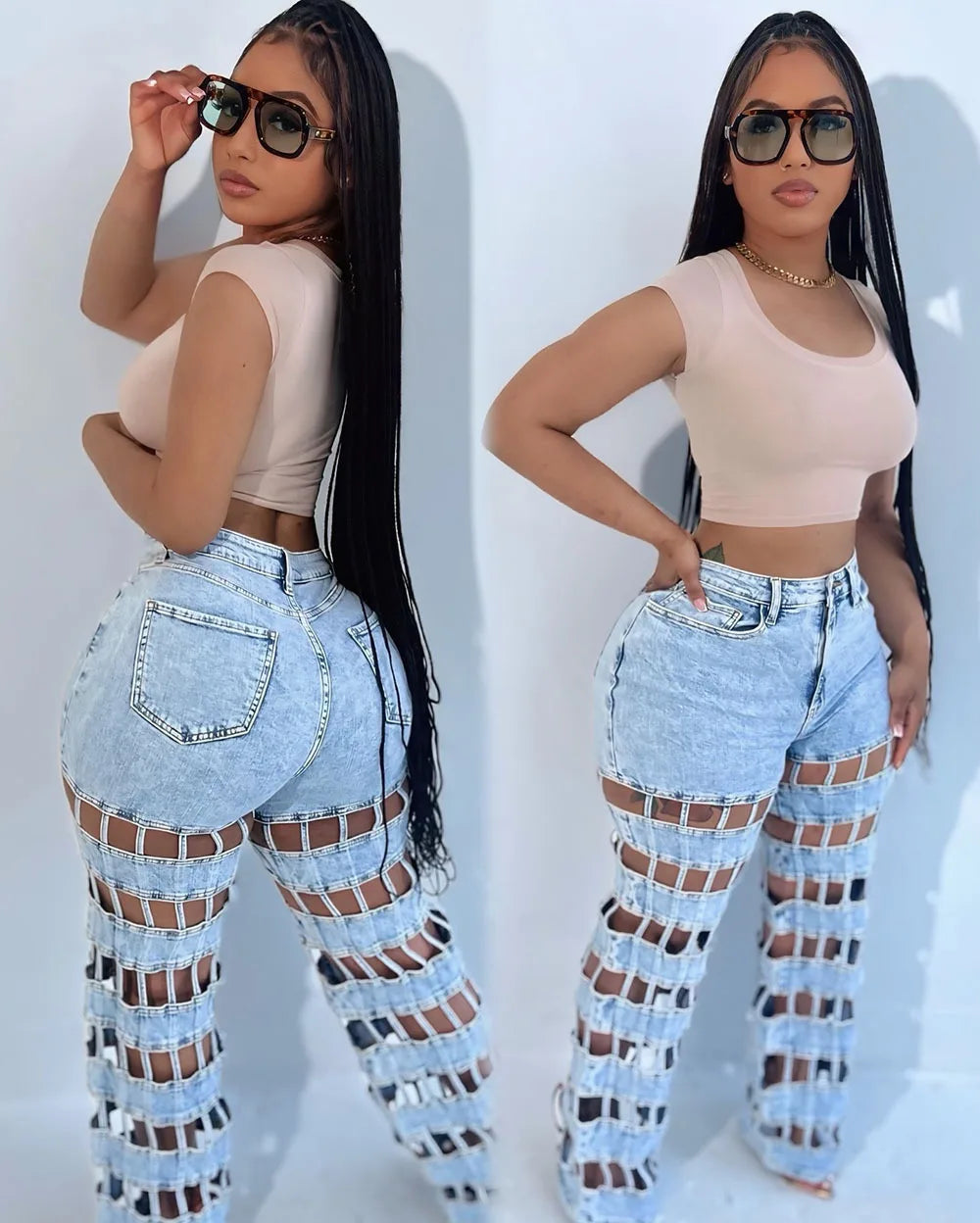 Women Hollow Out High-Waisted Jeans
