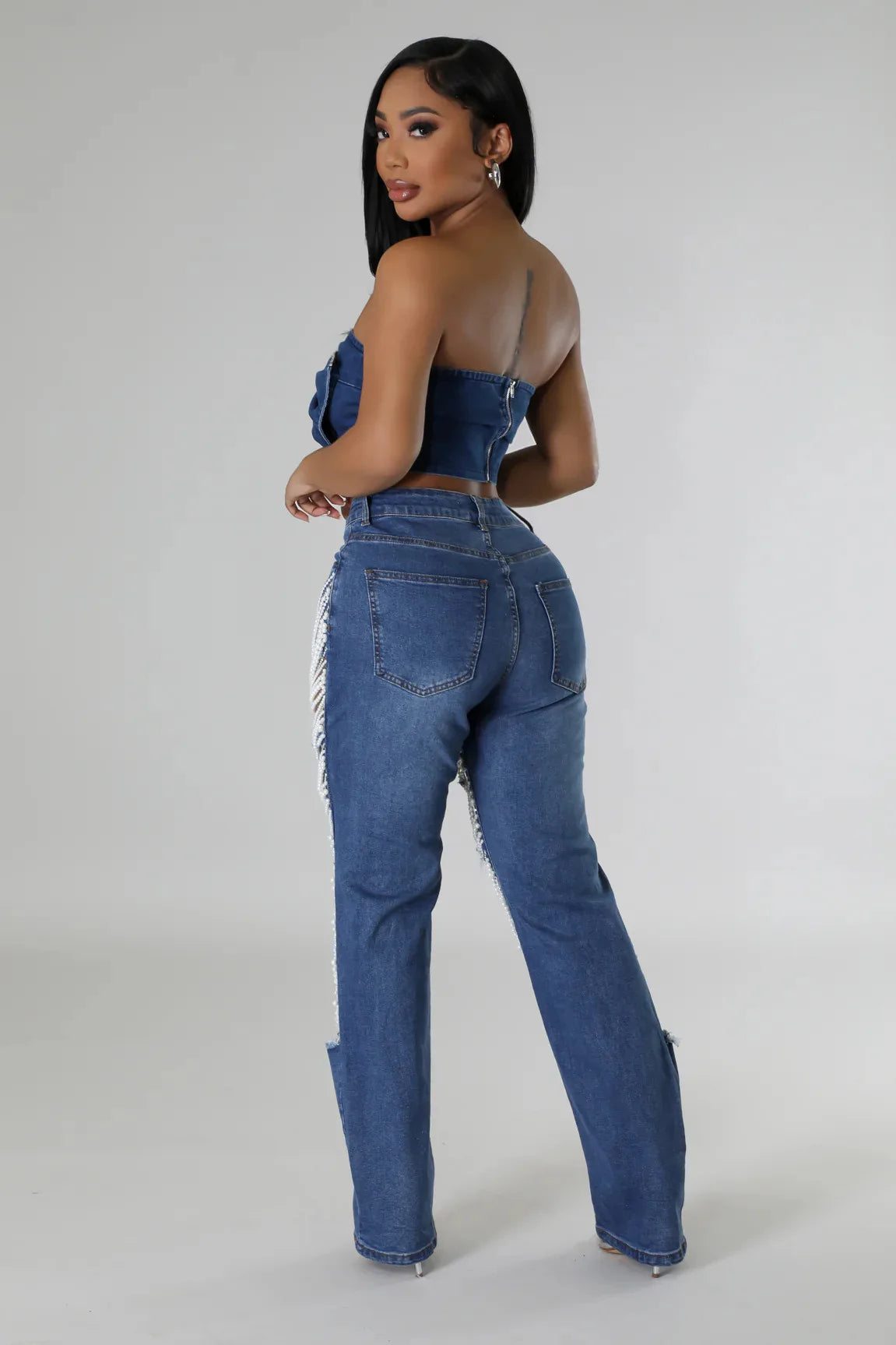 Women Diamonds Chain Stretch High Waist Jeans