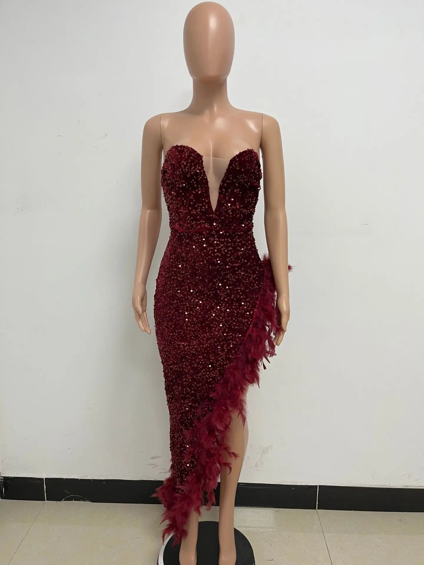 Women Asymmetrical Feather Cocktail Party Dress