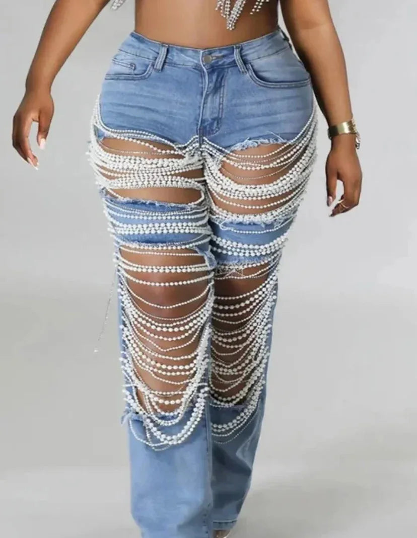 Women Diamonds Chain Stretch High Waist Jeans