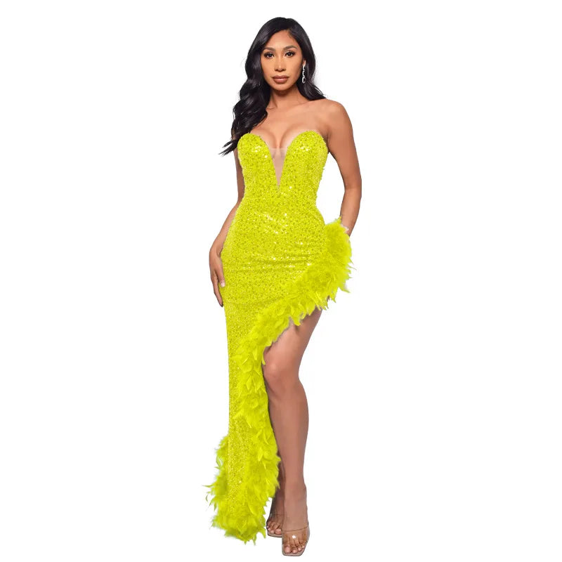 Women Asymmetrical Feather Cocktail Party Dress