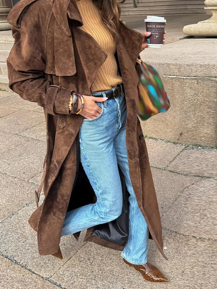 Vintage Suede Women Double Breasted Coat